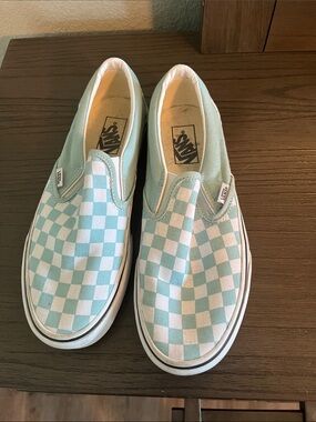 Vans Men’s/Women’s Slip-On Checkerboard Sneakers - Light Teal & White